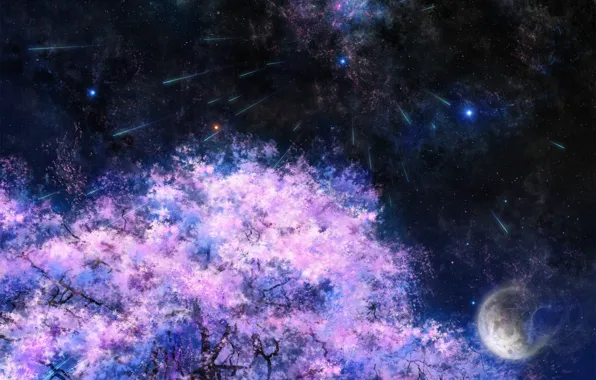 Space, stars, night, tree, the moon, Sakura, art, tsujiki