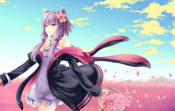 Girl, flowers, art, vocaloid, neko, basket, ears, yuzuki up