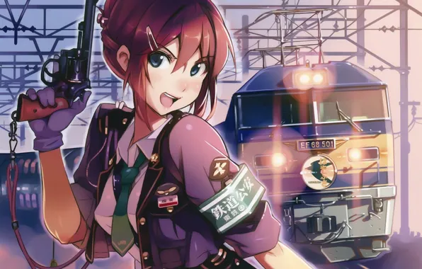 Picture girl, gun, weapons, train, anime, art, vania600, rail wars!