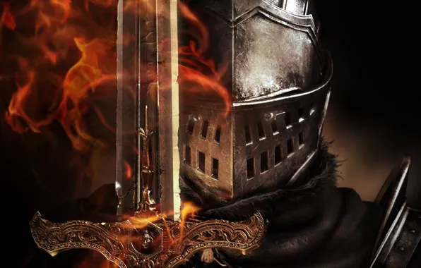 Flame, sword, helmet, armor, knight, Dark Souls