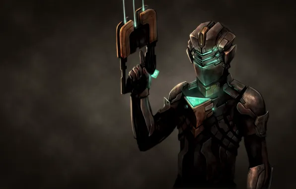 The dark background, weapons, costume, dead space