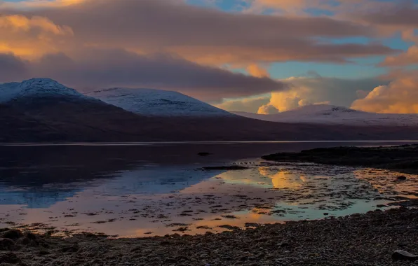 Picture the sky, clouds, light, sunset, mountains, clouds, pebbles, lake