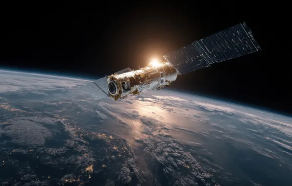 Space, light, flight, fantasy, planet, Earth, black background, ISS