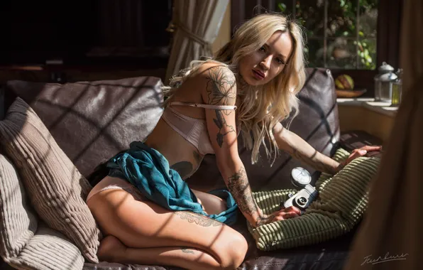 Picture look, girl, pose, pillow, tattoo, the camera, bra, Jack Russell