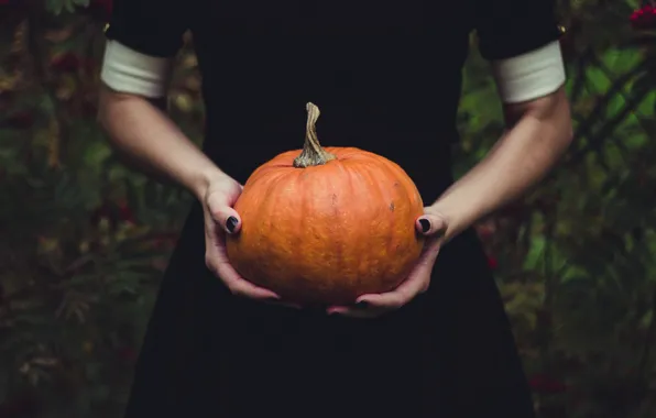 Autumn, girl, nature, pose, the dark background, holiday, magic, hands