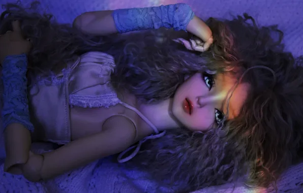 Doll, blue eyes, hair, mitts, lying on her back