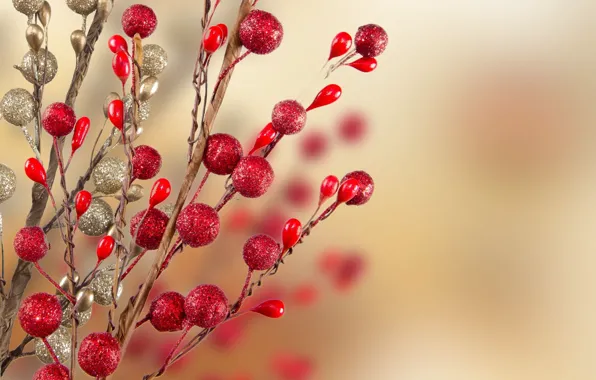 Branches, red, background, holiday, Wallpaper, new year, Christmas, blur