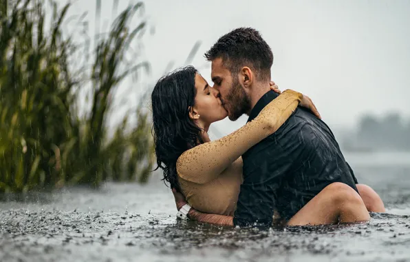 Picture grass, water, girl, rain, kiss, pair, guy, lovers