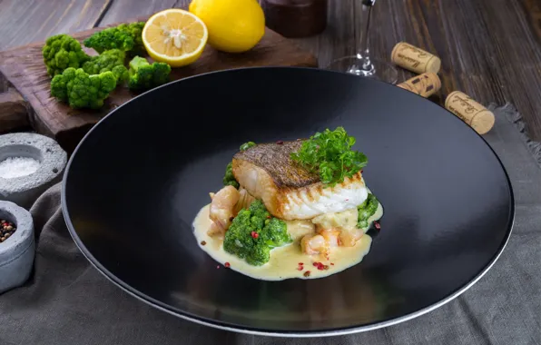 Picture lemon, fish, sauce, shrimp, broccoli