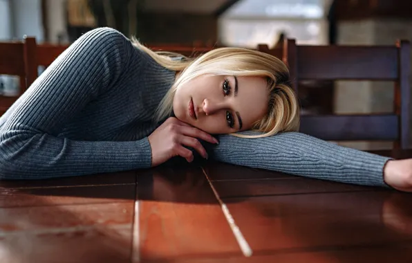 Picture makeup, hairstyle, blonde, chair, cute, posing, bokeh, sitting