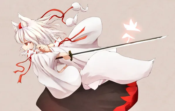 Picture katana, tail, grey background, priestess, wolf, ears, art, Touhou Project