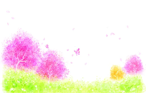 Grass, trees, flowers, butterfly, petals