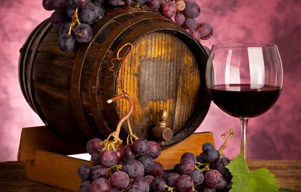 Berries, wine, red, glass, grapes, bunches, barrel