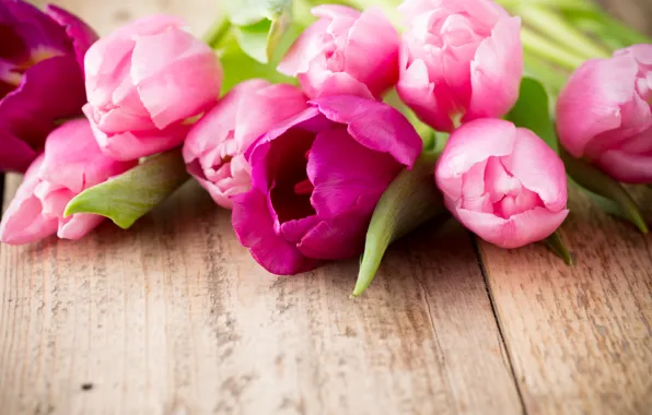 Picture flowers, bouquet, fresh, wood, pink, flowers, beautiful, tulips