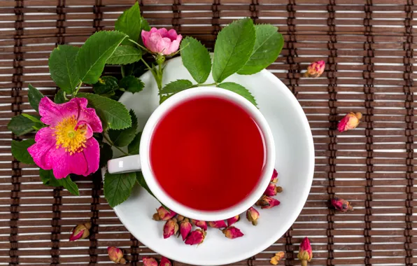 Leaves, flowers, tea, roses, Cup, saucer, bokeh