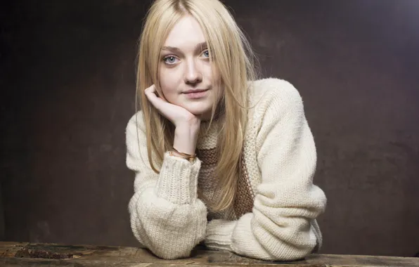 Picture pose, table, actress, hairstyle, photoshoot, sweater, Dakota Fanning, Dakota Fanning