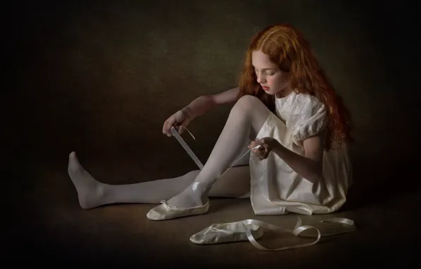 Tape, the dark background, shoes, dress, girl, red, ballerina, sitting