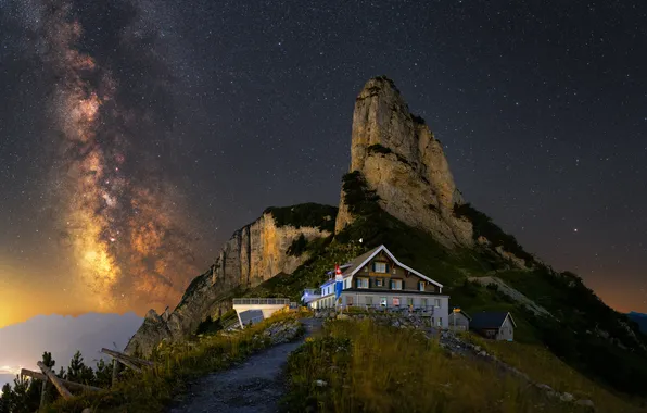 Light, mountains, night, house, rocks, tops, The milky way