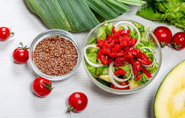 Pepper, tomatoes, salad, avocado