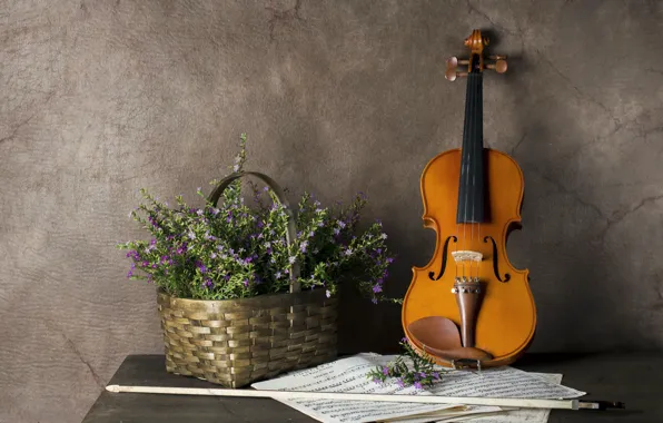 Picture flowers, notes, violin