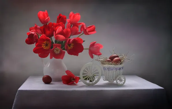 Flowers, bike, table, holiday, basket, eggs, Easter, tulips