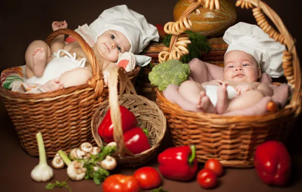 Picture children, kids, two, vegetables, lie, bagels, basket, cooks