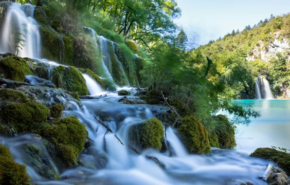 Picture trees, mountains, lake, waterfall, moss, trees, mountains, lake