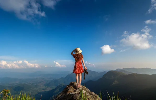 Picture the sky, girl, mountains, nature, height, hat