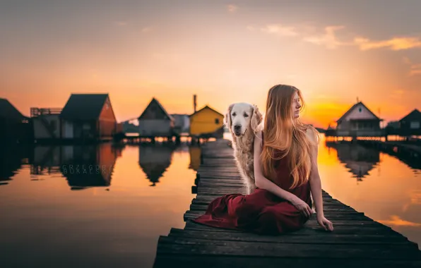 Picture girl, sunset, bridge, dog