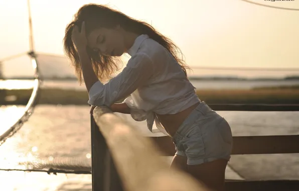 Girl, the sun, light, pose, pier, blouse, shorts, photographer