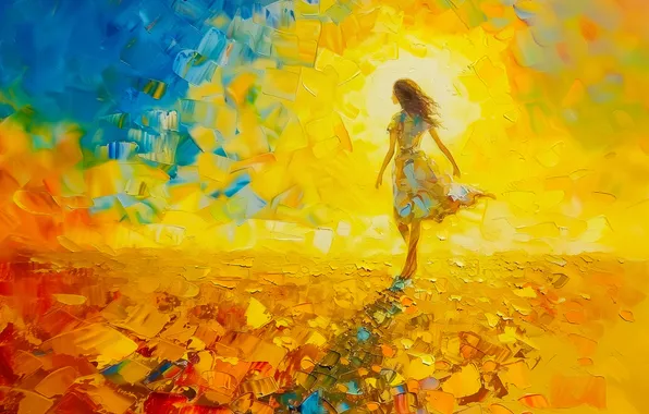 Field, summer, girl, the sun, light, blue, paint, shadow