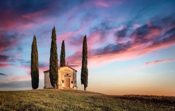 Italy, Church, cypress, Tuscany