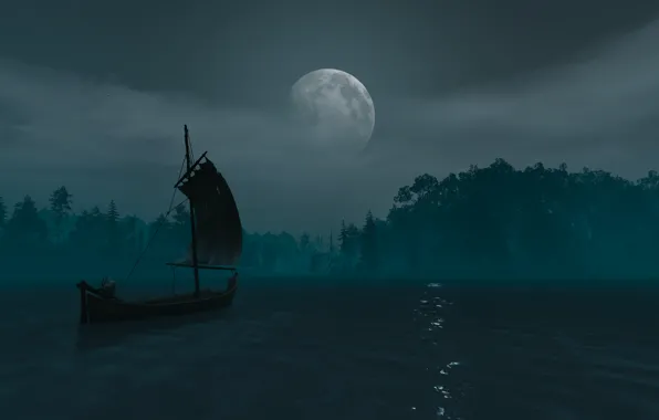 Water, night, river, the moon, boat, Sword, Warrior, Armor