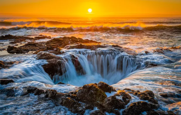 Sea, sunset, waterfall