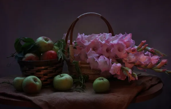 Summer, flowers, apples, August, still life, gladiolus