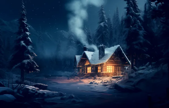 Winter, forest, snow, night, house, Christmas, New year, house