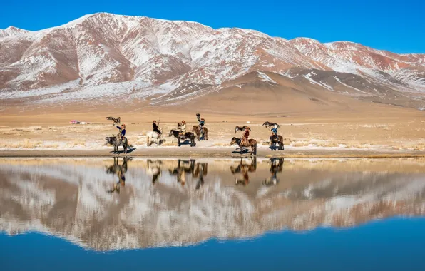 Lake, hunters, Mongolia, Holiday eagle