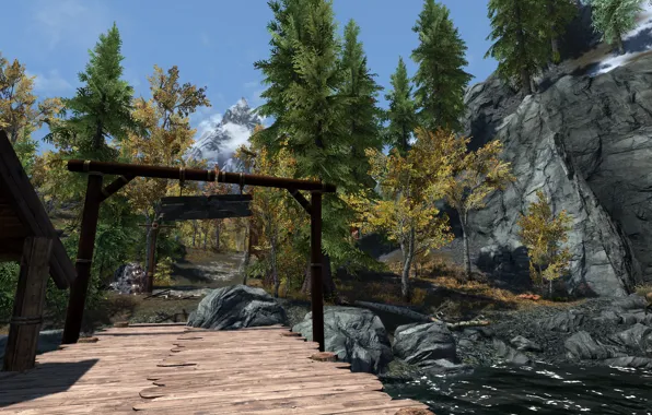 Road, trees, bridge, river, tree, stone, mountain, spruce