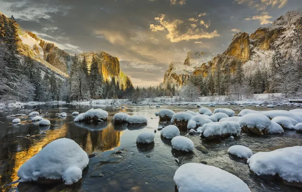 Snow, mountains, lake, stones, USA, Yosemite