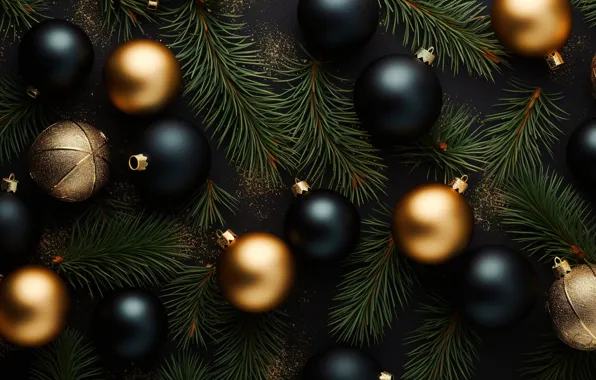 Picture decoration, the dark background, balls, New Year, Christmas, golden, new year, happy