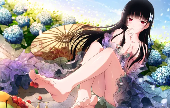 Girl, flowers, anime, art, hydrangea, Flirty, Rea Sanka