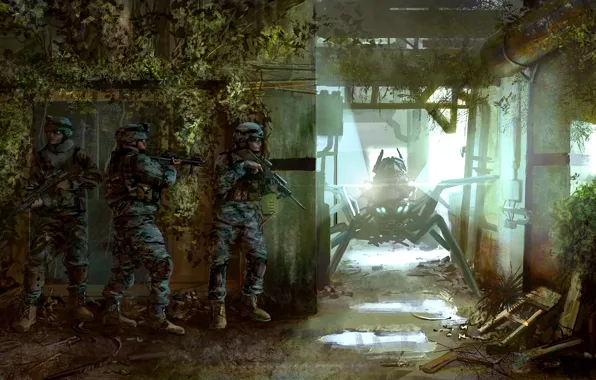 Weapons, room, thickets, the building, robot, art, ambush, soldiers