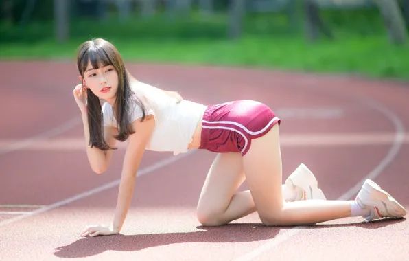 Asian, gesture, beautiful girl, stadium, stadium, beautiful girl, asian, sports uniforms