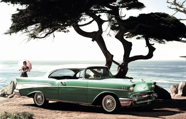 Sea, girl, tree, chevrolet, sport coupe, bel air