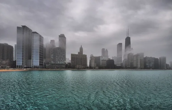 Picture the sky, water, fog, building, skyscrapers, USA, America, Chicago