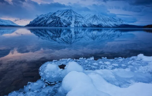 Picture ice, winter, the sky, clouds, snow, mountains, lake, reflection