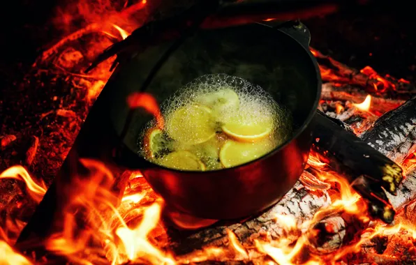 Bubbles, fire, flame, oranges, the fire, wood, boiling water, pan