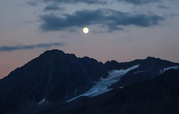 The sky, clouds, mountains, nature, rocks, the moon, the evening, the full moon