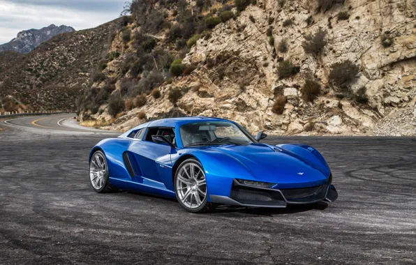 Road, mountains, blue, supercar, car, road, mountain, Rezvani