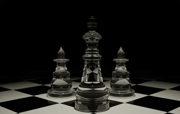 Rendering, Shine, cell, chess, black background, glass, elephants, trio